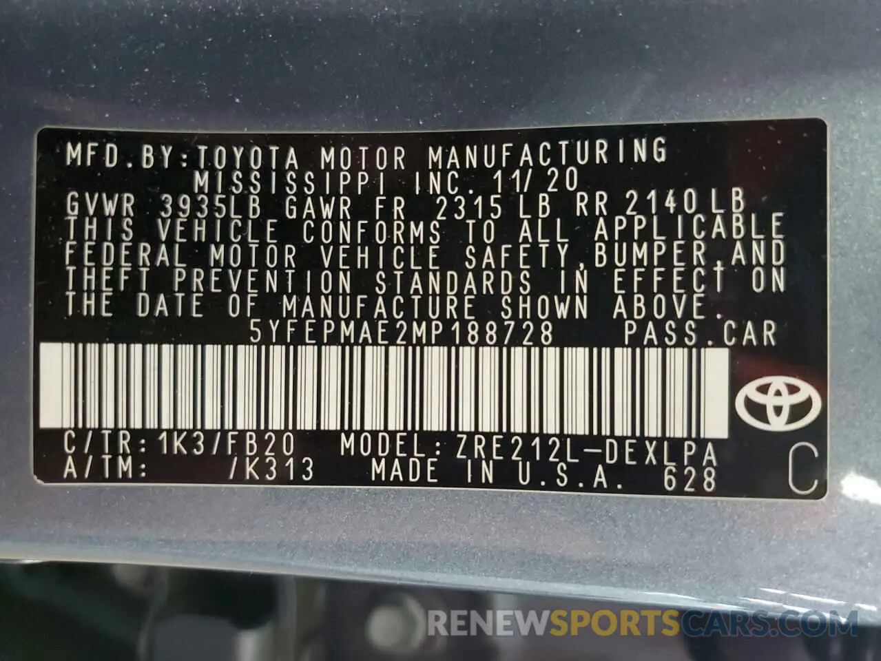 12 fotografías del automóvil dañado 5YFEPMAE2MP188728 TOYOTA COROLLA 2021