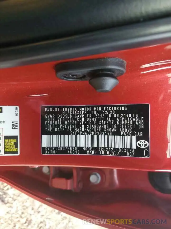 12 fotografías del automóvil dañado 5YFEPMAE2MP203146 TOYOTA COROLLA 2021