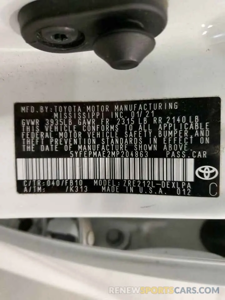 13 fotografías del automóvil dañado 5YFEPMAE2MP204863 TOYOTA COROLLA 2021