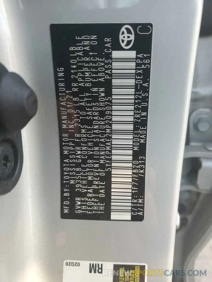 12 fotografías del automóvil dañado 5YFEPMAE2MP209075 TOYOTA COROLLA 2021