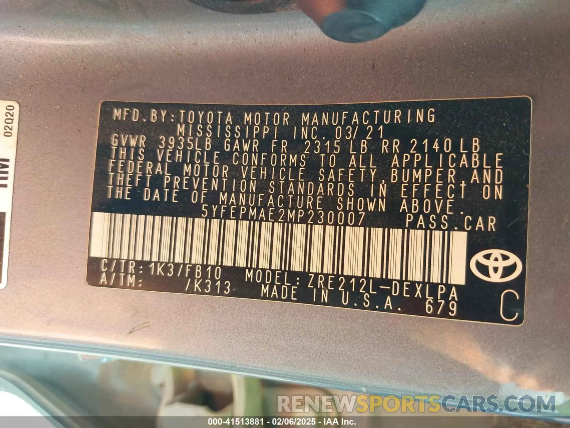8 fotografías del automóvil dañado 5YFEPMAE2MP230007 TOYOTA COROLLA 2021