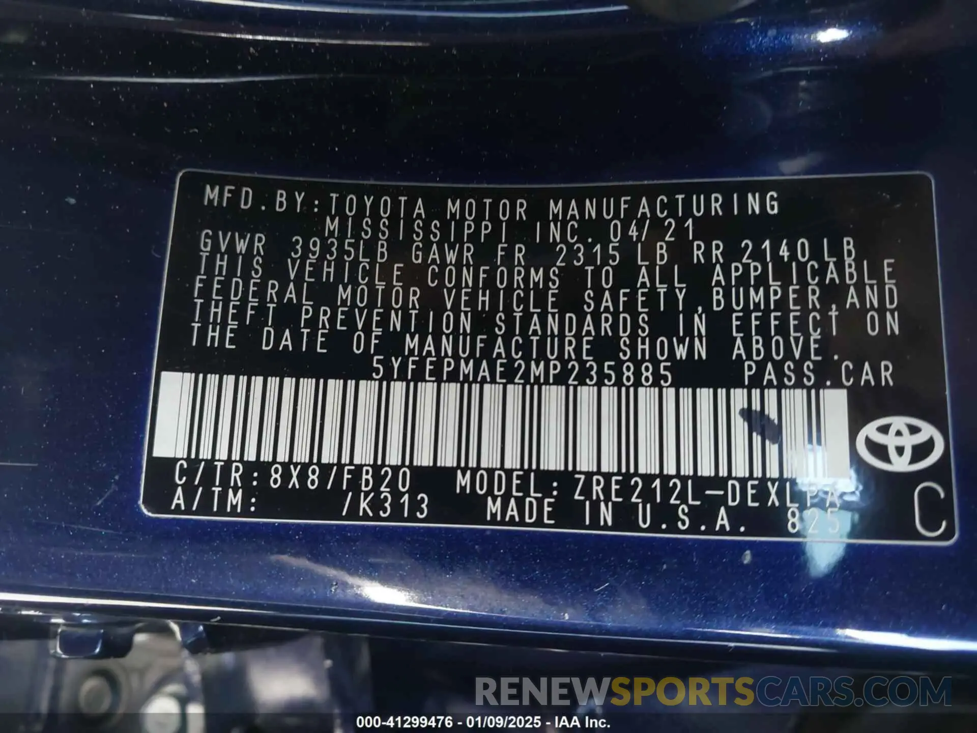 9 fotografías del automóvil dañado 5YFEPMAE2MP235885 TOYOTA COROLLA 2021