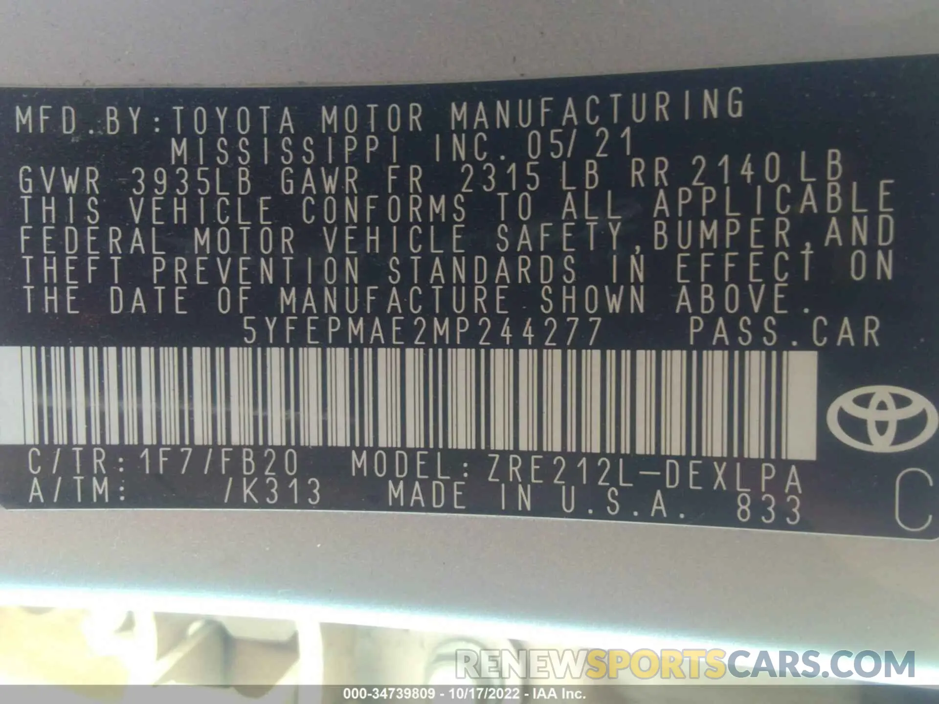 9 fotografías del automóvil dañado 5YFEPMAE2MP244277 TOYOTA COROLLA 2021