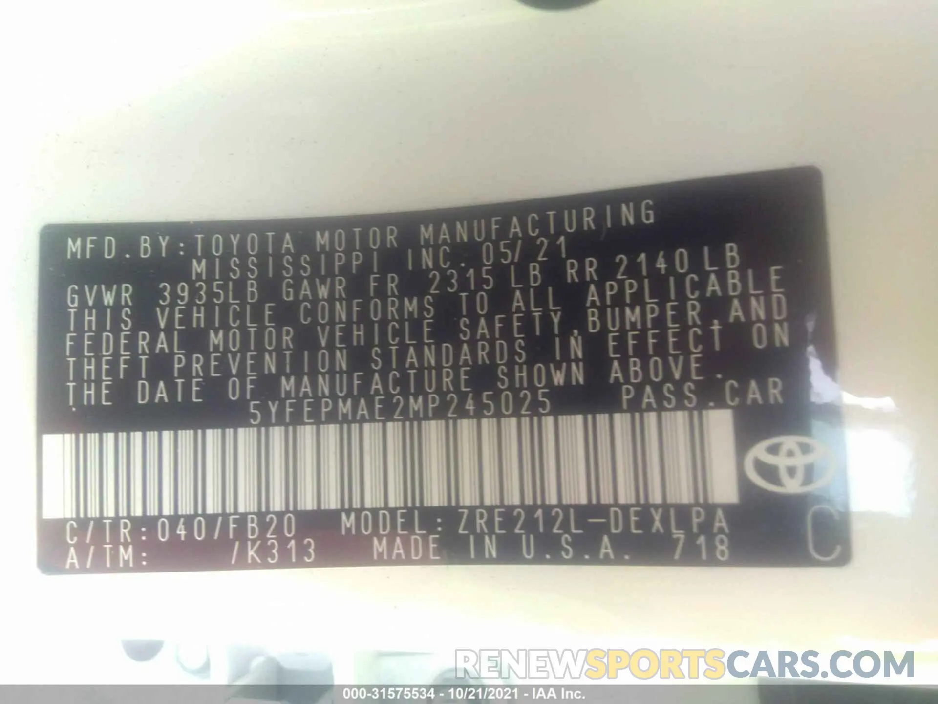9 fotografías del automóvil dañado 5YFEPMAE2MP245025 TOYOTA COROLLA 2021