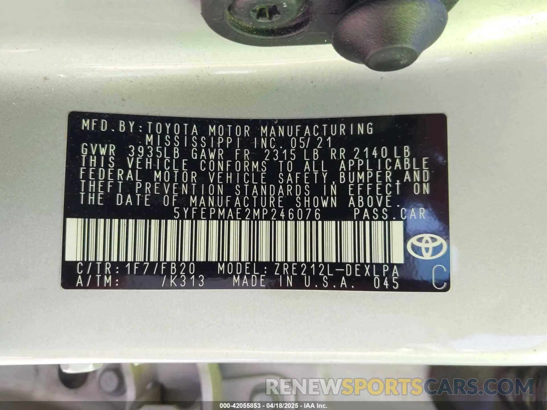 9 fotografías del automóvil dañado 5YFEPMAE2MP246076 TOYOTA COROLLA 2021