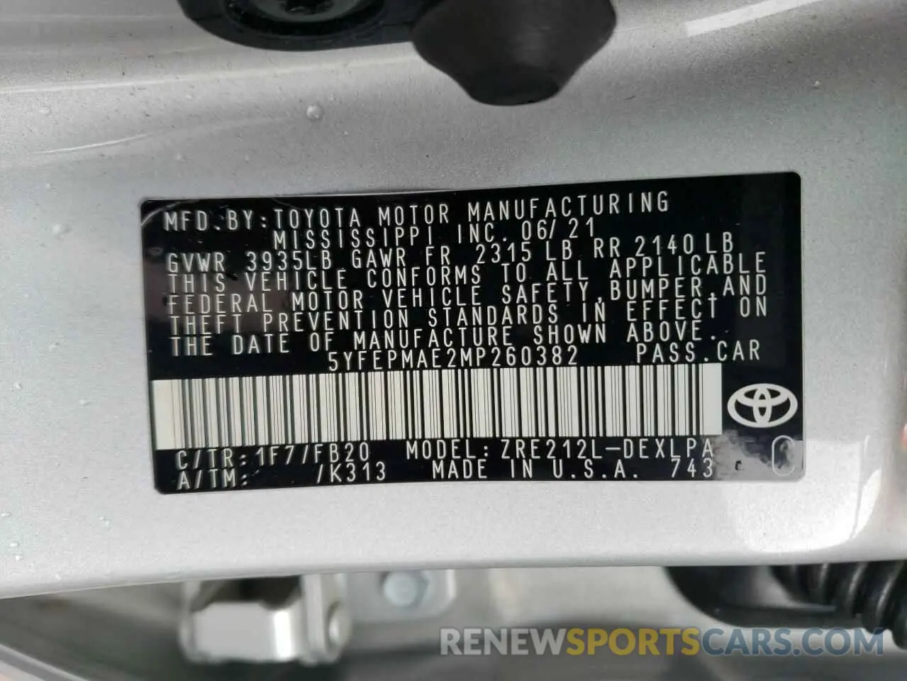 13 fotografías del automóvil dañado 5YFEPMAE2MP260382 TOYOTA COROLLA 2021