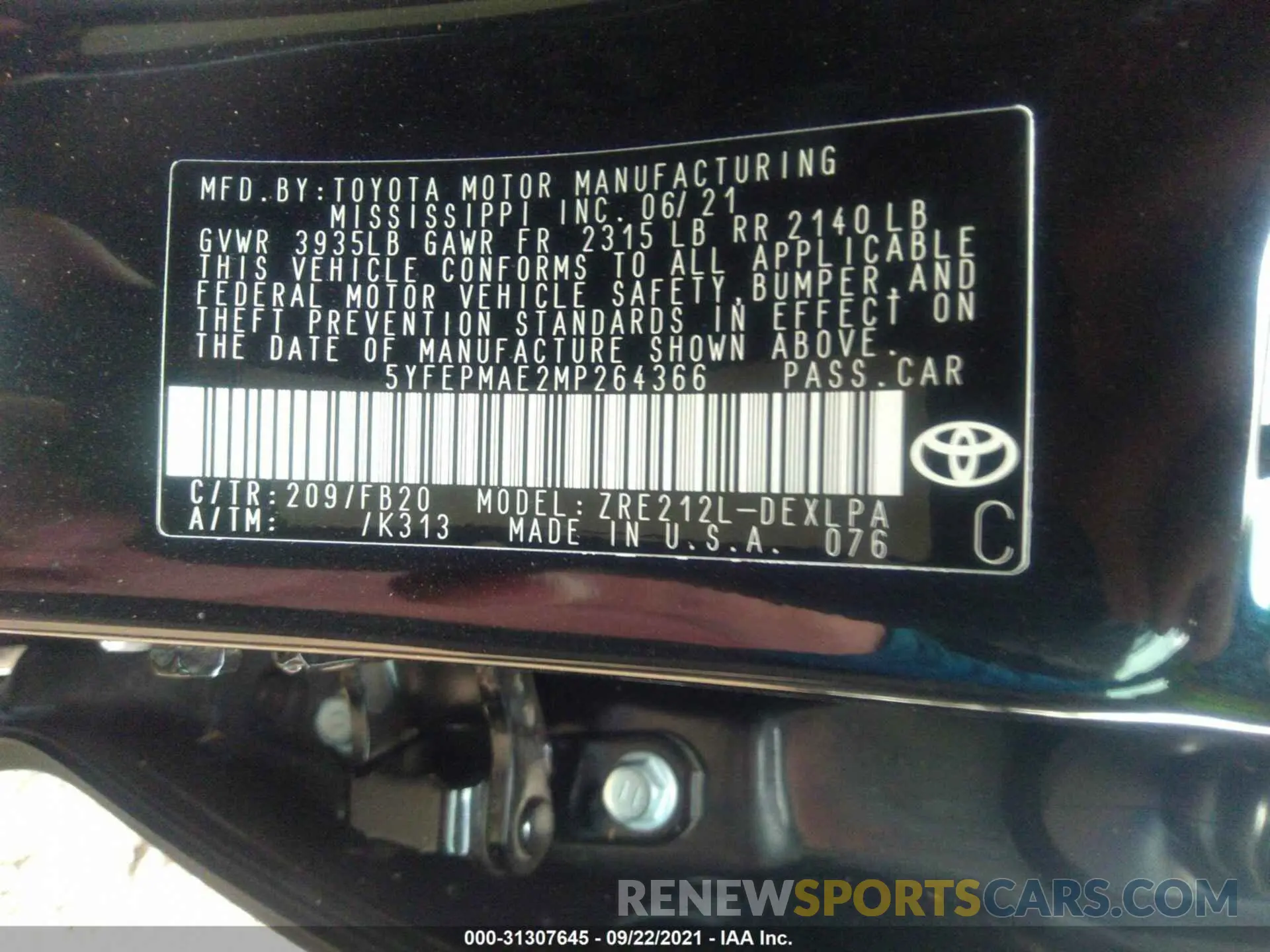 9 fotografías del automóvil dañado 5YFEPMAE2MP264366 TOYOTA COROLLA 2021