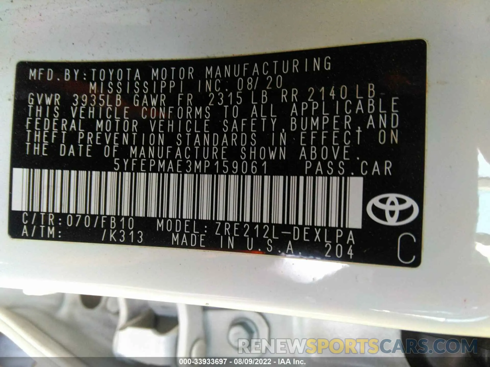 9 fotografías del automóvil dañado 5YFEPMAE3MP159061 TOYOTA COROLLA 2021