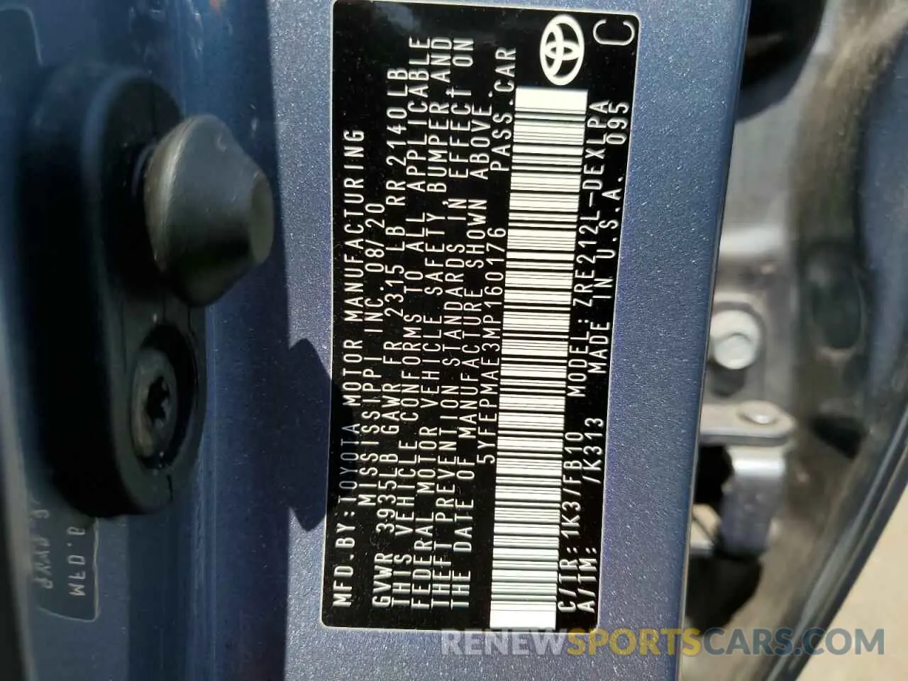 12 fotografías del automóvil dañado 5YFEPMAE3MP160176 TOYOTA COROLLA 2021