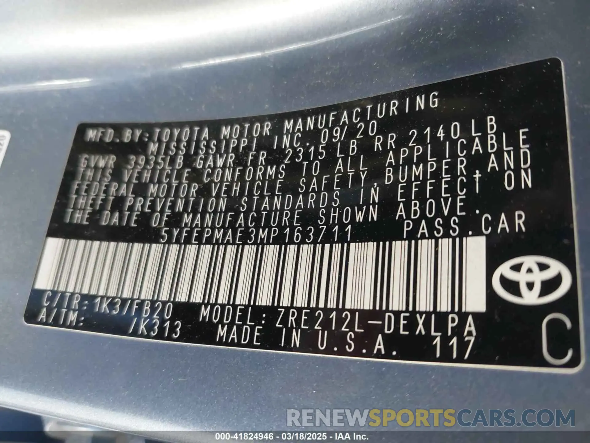 9 fotografías del automóvil dañado 5YFEPMAE3MP163711 TOYOTA COROLLA 2021