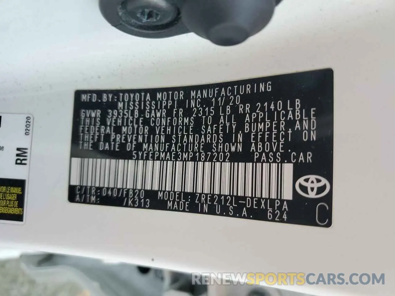 12 fotografías del automóvil dañado 5YFEPMAE3MP187202 TOYOTA COROLLA 2021