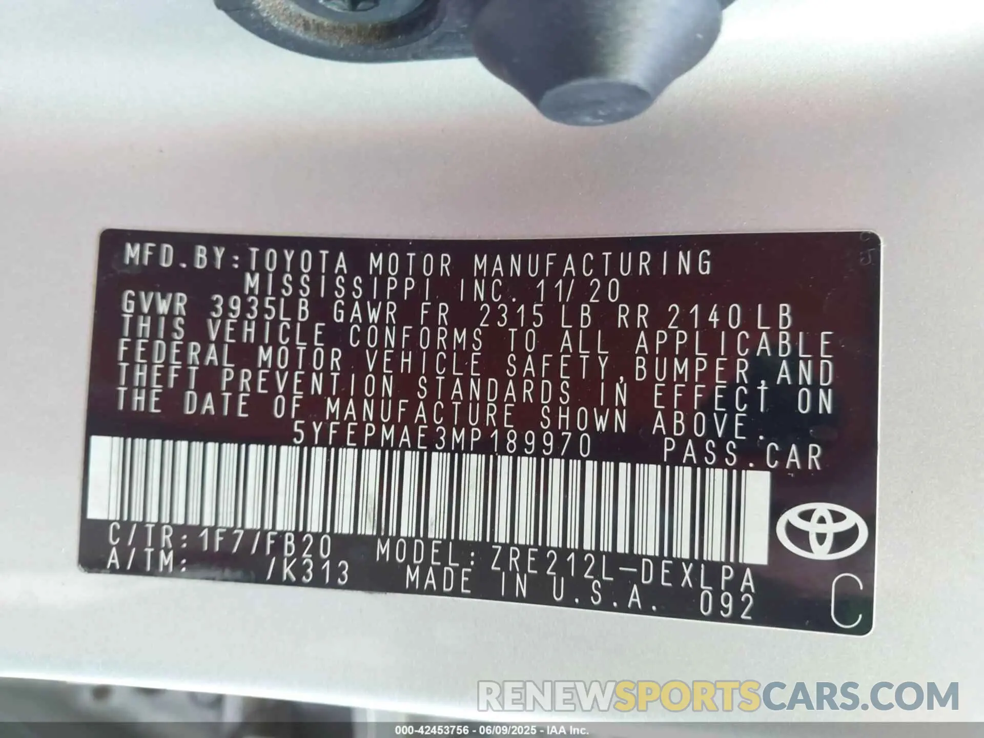 9 fotografías del automóvil dañado 5YFEPMAE3MP189970 TOYOTA COROLLA 2021