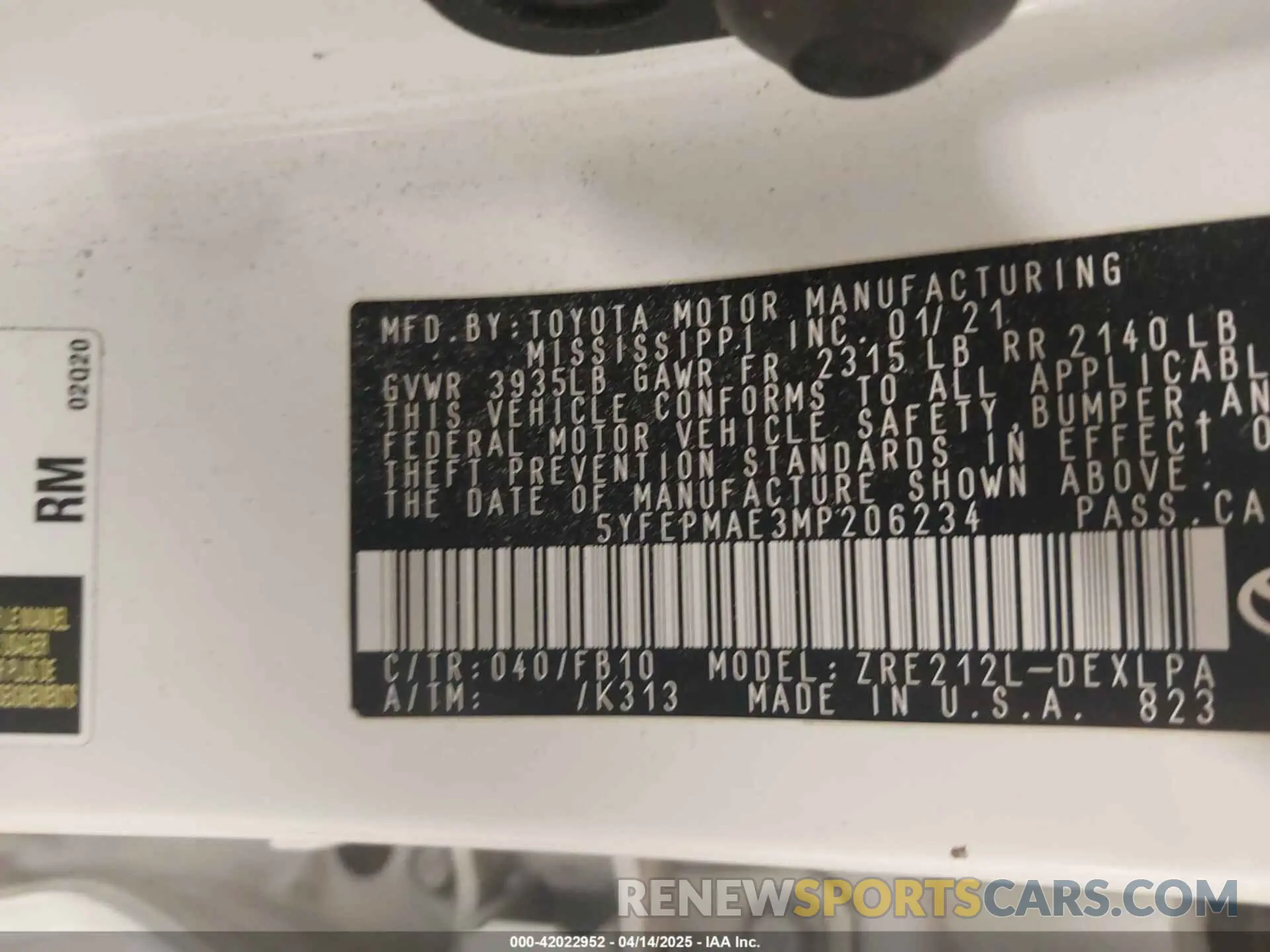 9 fotografías del automóvil dañado 5YFEPMAE3MP206234 TOYOTA COROLLA 2021