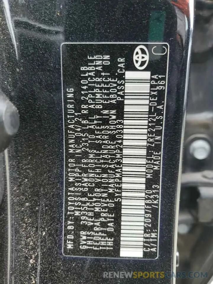 13 fotografías del automóvil dañado 5YFEPMAE3MP240383 TOYOTA COROLLA 2021