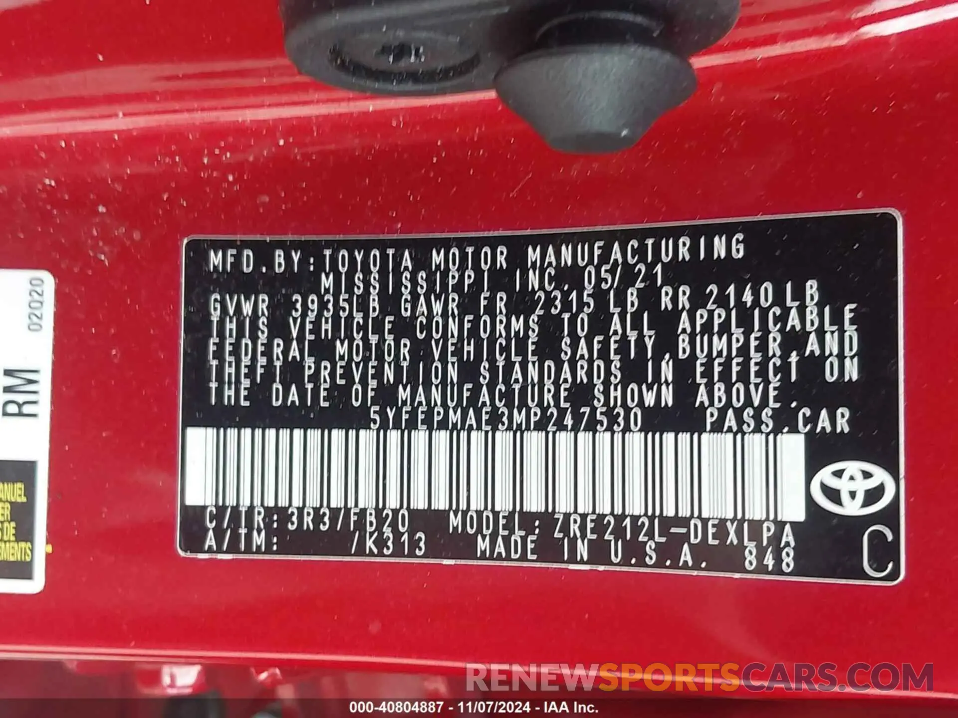 9 fotografías del automóvil dañado 5YFEPMAE3MP247530 TOYOTA COROLLA 2021
