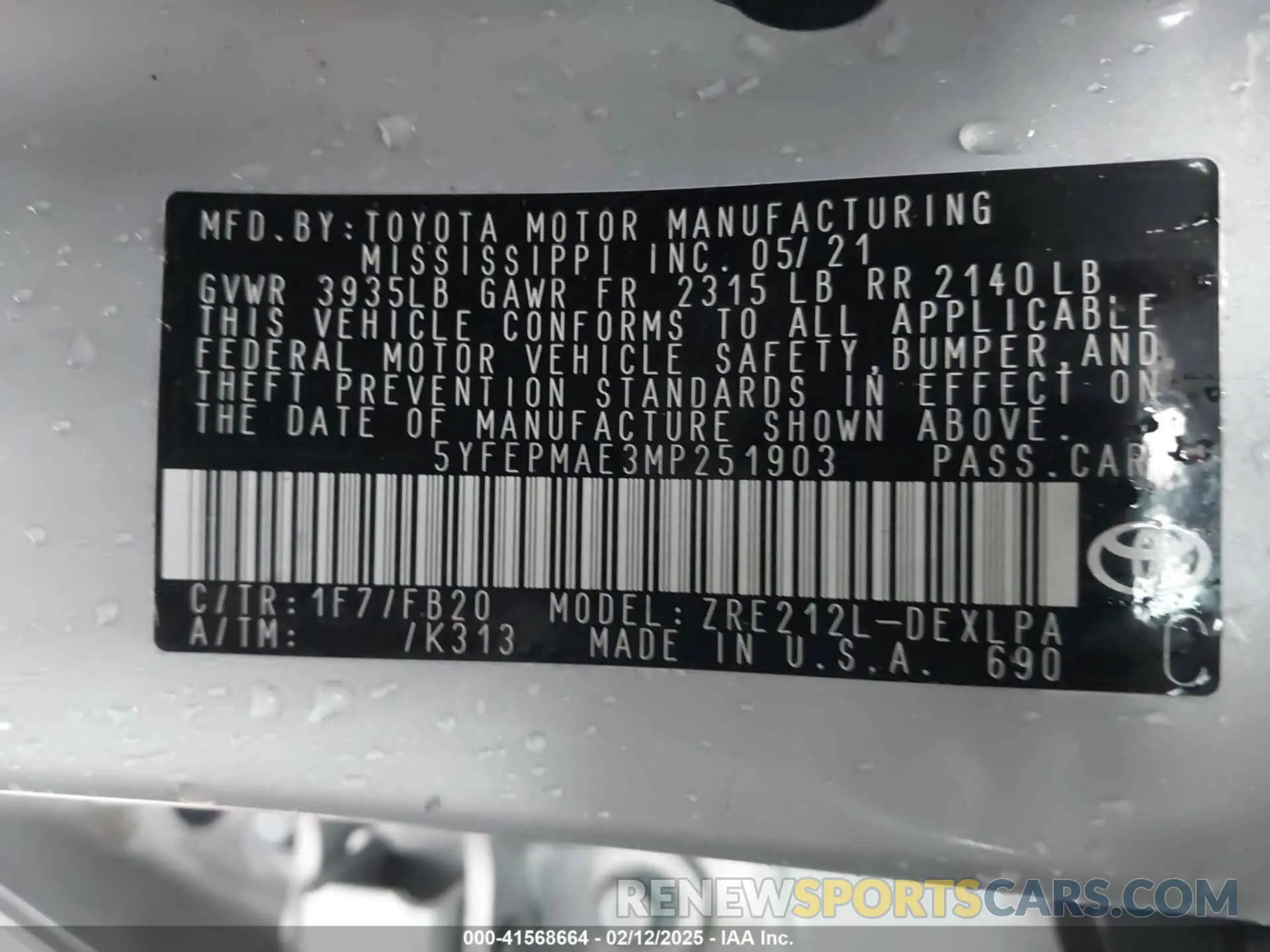 9 fotografías del automóvil dañado 5YFEPMAE3MP251903 TOYOTA COROLLA 2021