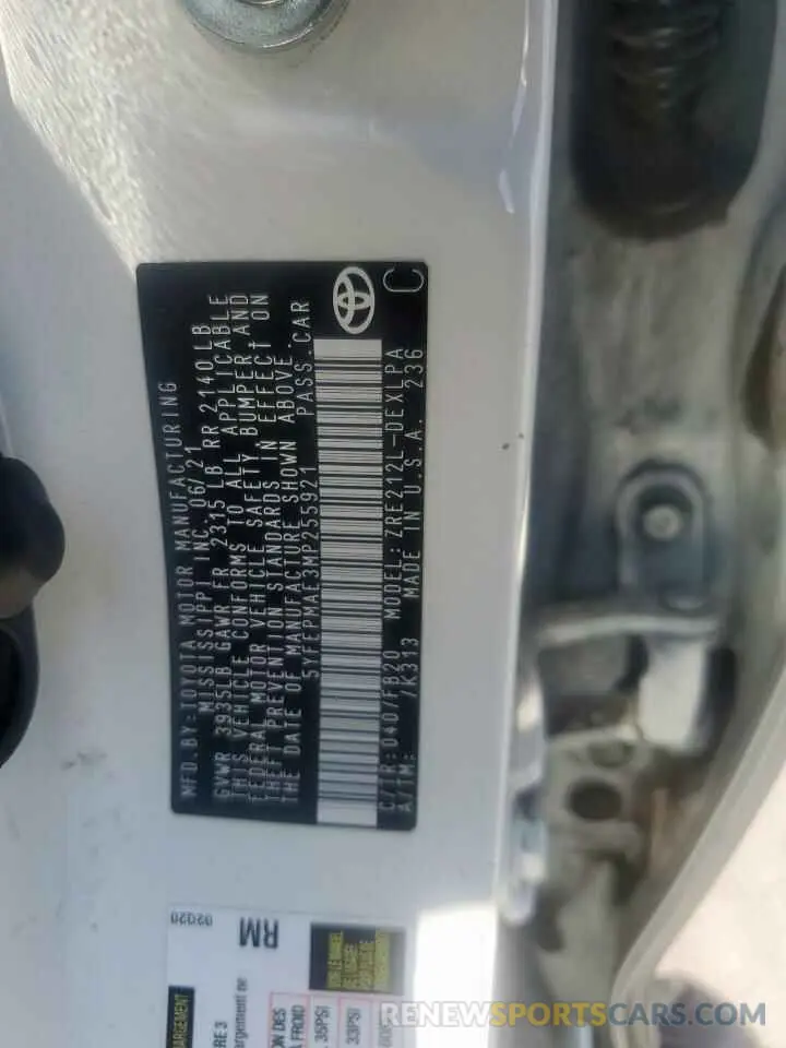 12 fotografías del automóvil dañado 5YFEPMAE3MP255921 TOYOTA COROLLA 2021