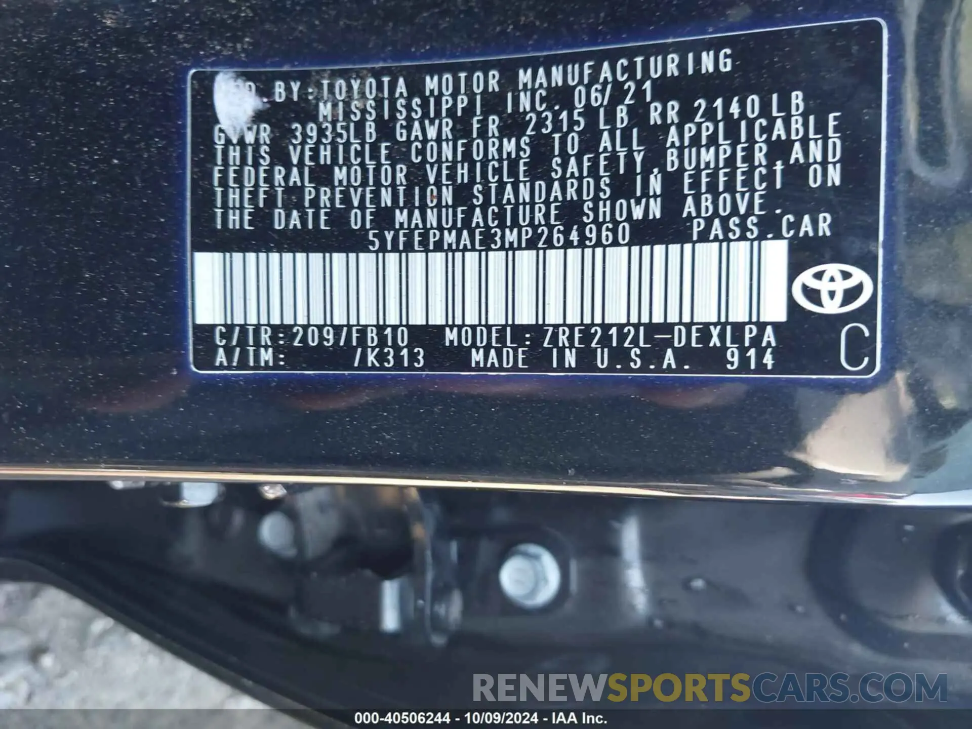 9 fotografías del automóvil dañado 5YFEPMAE3MP264960 TOYOTA COROLLA 2021