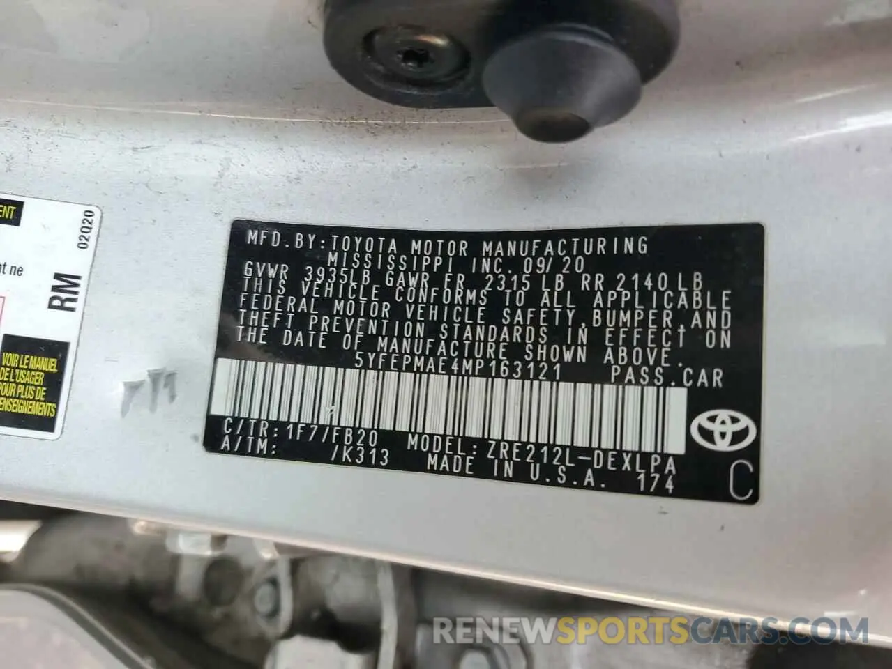 13 fotografías del automóvil dañado 5YFEPMAE4MP163121 TOYOTA COROLLA 2021