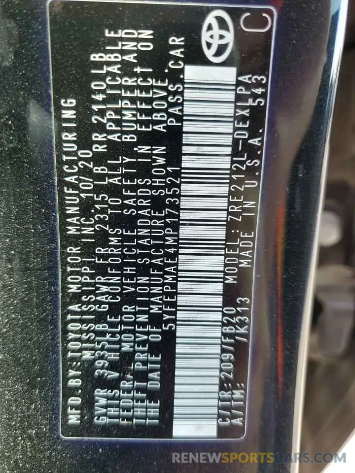 13 fotografías del automóvil dañado 5YFEPMAE4MP173521 TOYOTA COROLLA 2021