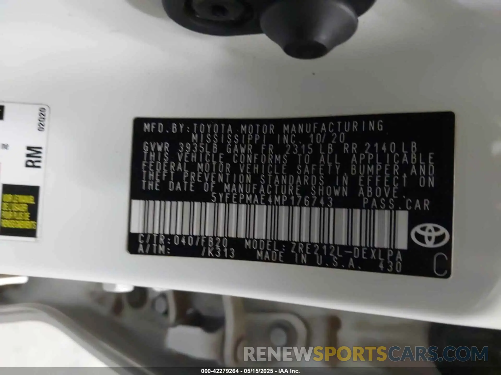 9 fotografías del automóvil dañado 5YFEPMAE4MP176743 TOYOTA COROLLA 2021
