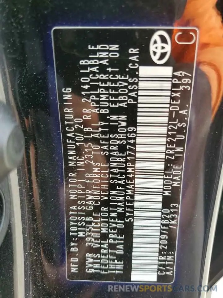 12 fotografías del automóvil dañado 5YFEPMAE4MP177469 TOYOTA COROLLA 2021