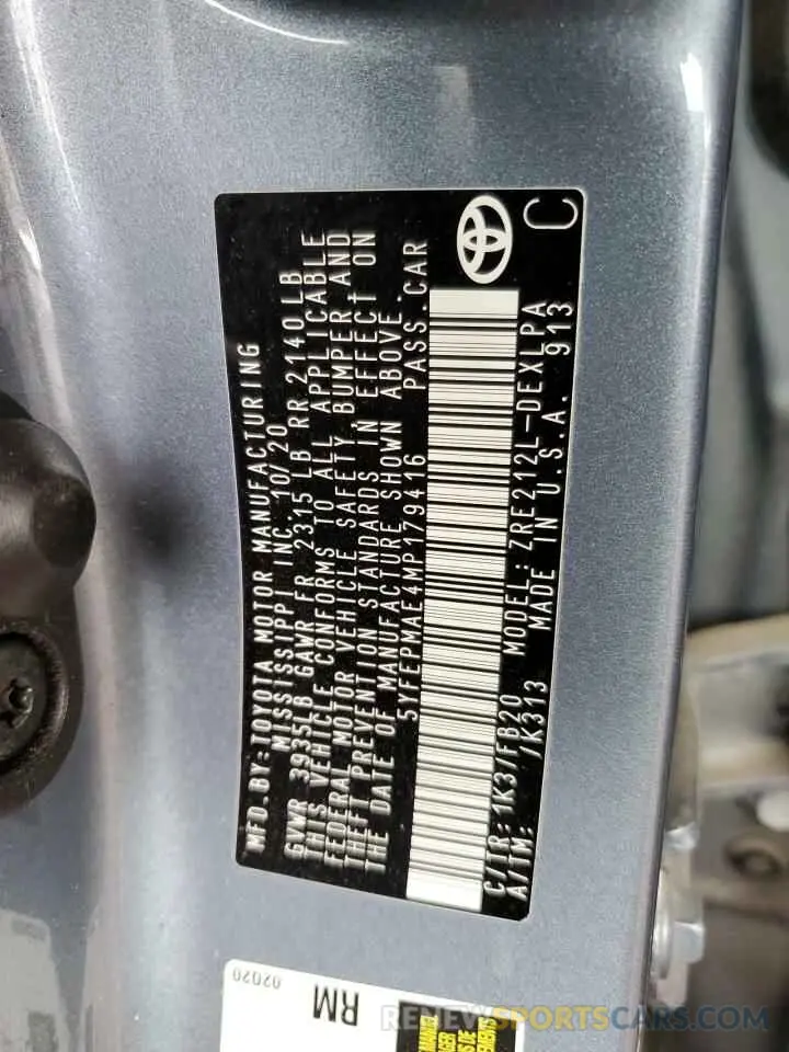 12 fotografías del automóvil dañado 5YFEPMAE4MP179416 TOYOTA COROLLA 2021