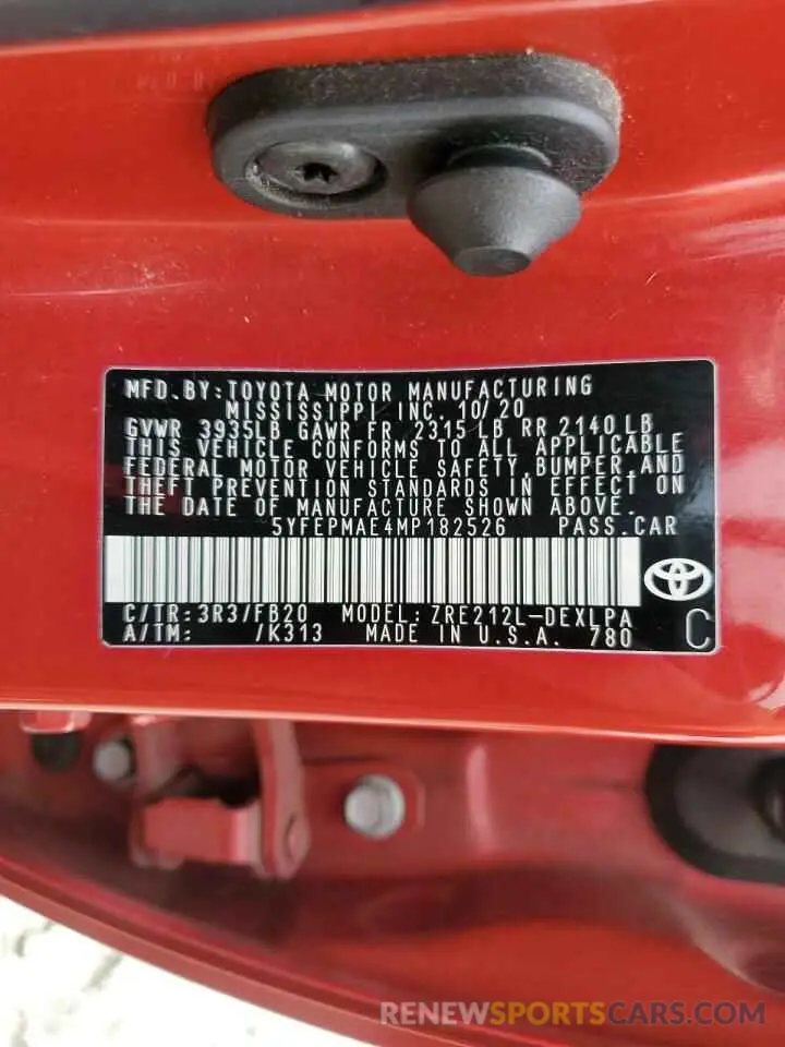 13 fotografías del automóvil dañado 5YFEPMAE4MP182526 TOYOTA COROLLA 2021