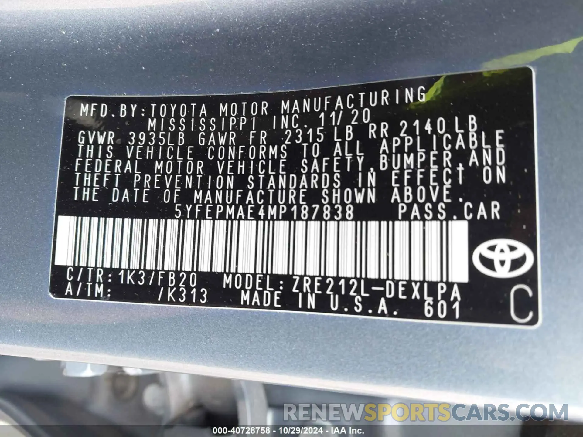 9 fotografías del automóvil dañado 5YFEPMAE4MP187838 TOYOTA COROLLA 2021
