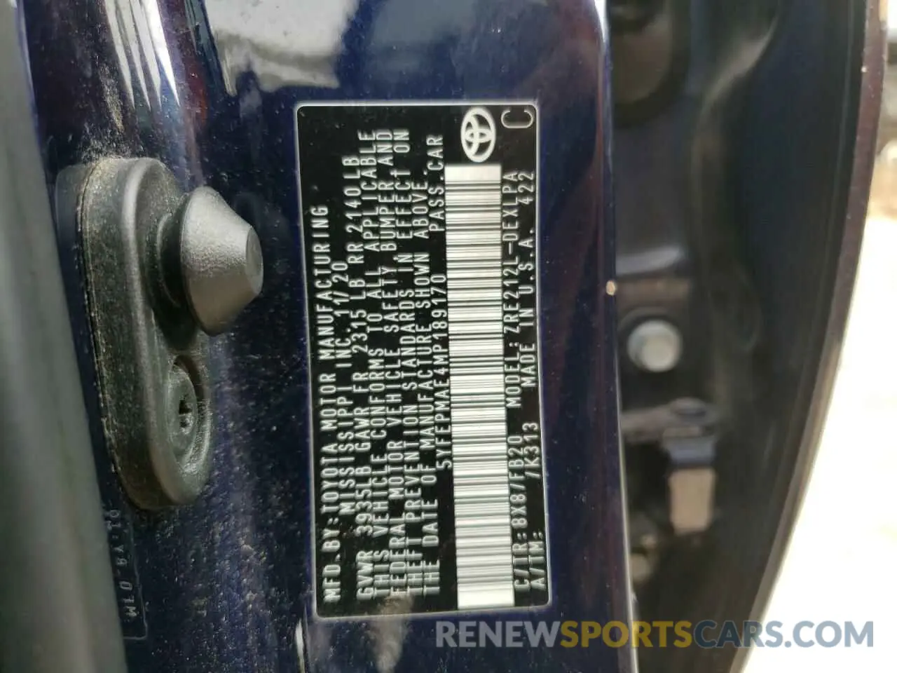 12 fotografías del automóvil dañado 5YFEPMAE4MP189170 TOYOTA COROLLA 2021
