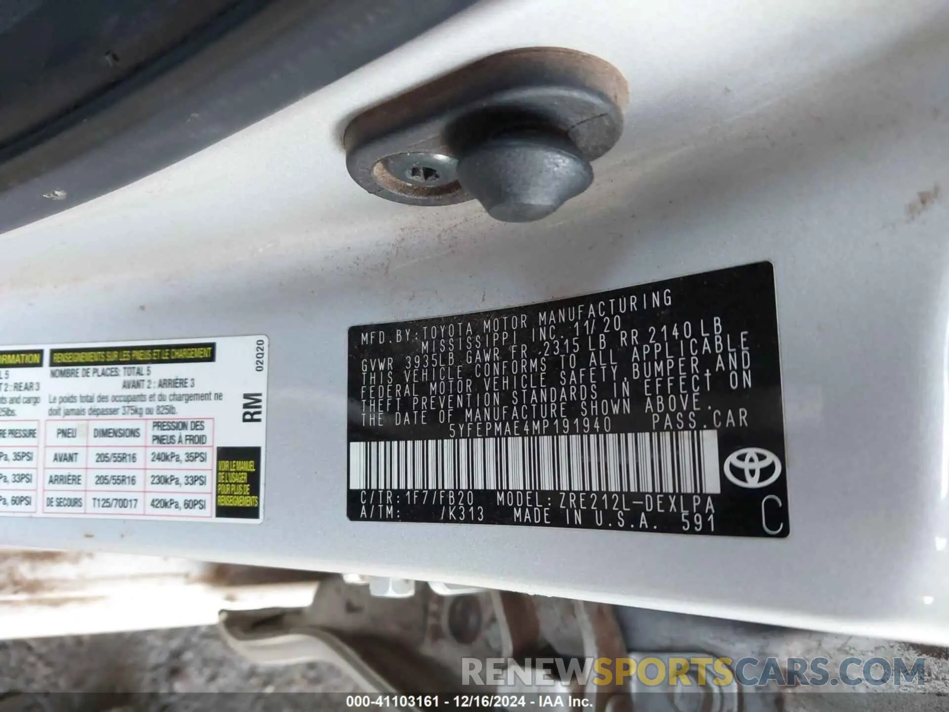 9 fotografías del automóvil dañado 5YFEPMAE4MP191940 TOYOTA COROLLA 2021