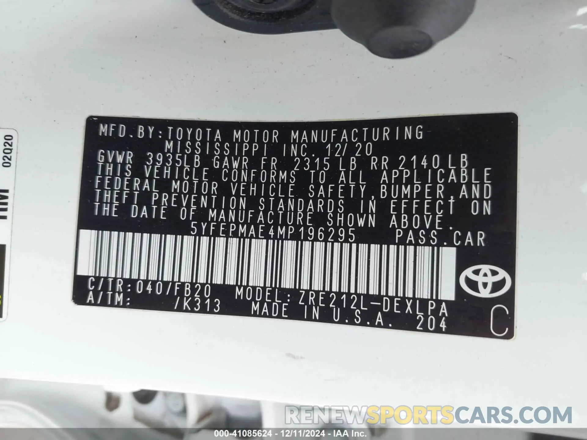 9 fotografías del automóvil dañado 5YFEPMAE4MP196295 TOYOTA COROLLA 2021