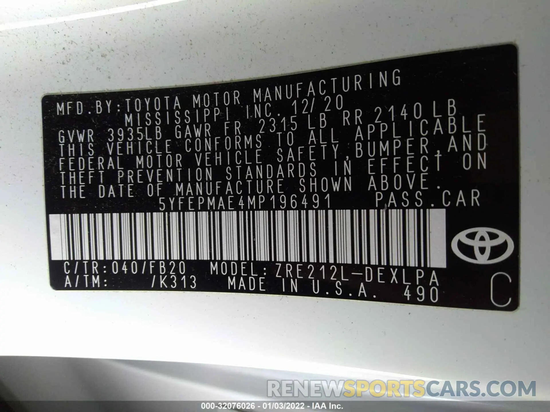 9 fotografías del automóvil dañado 5YFEPMAE4MP196491 TOYOTA COROLLA 2021