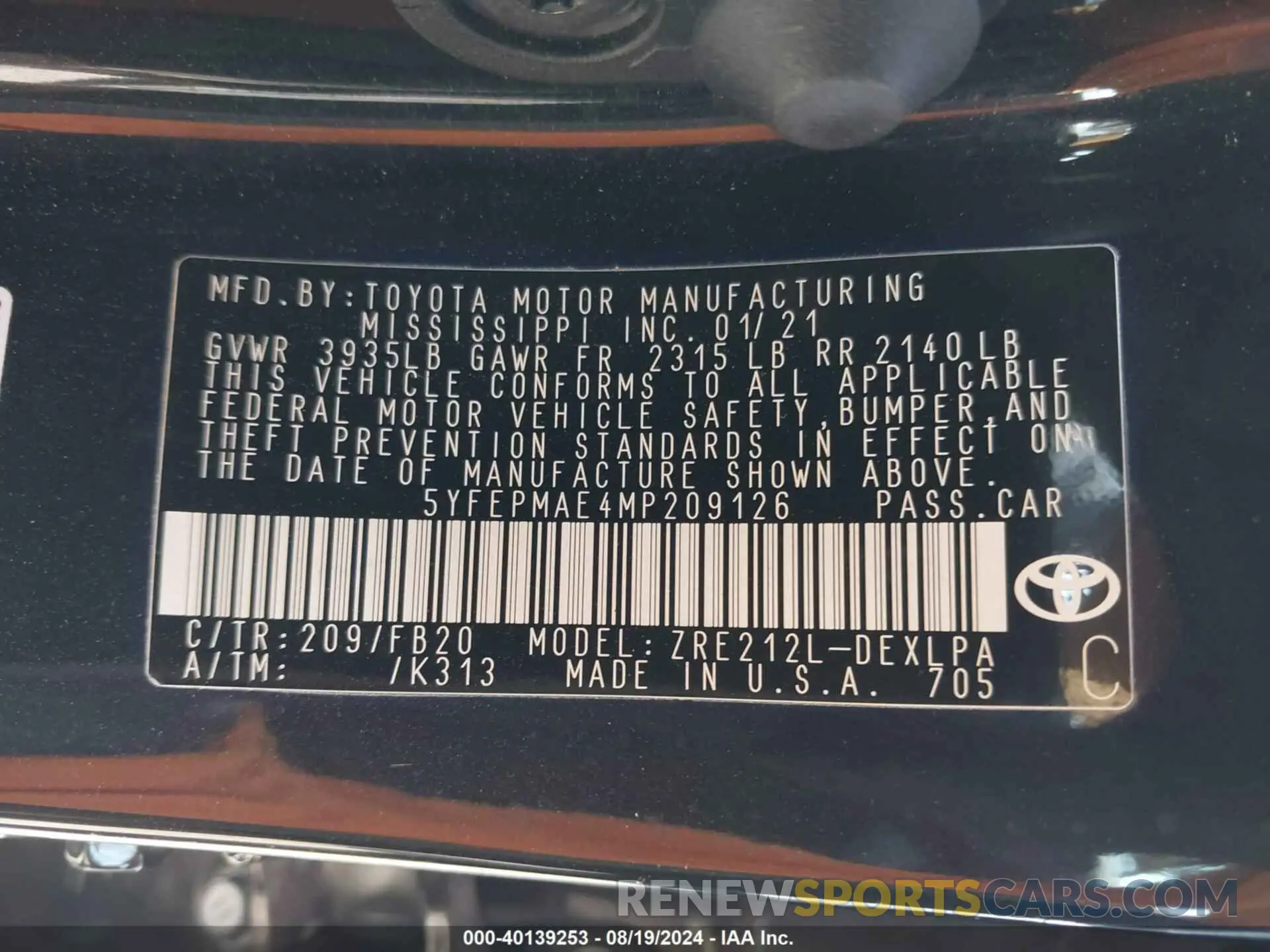 9 fotografías del automóvil dañado 5YFEPMAE4MP209126 TOYOTA COROLLA 2021