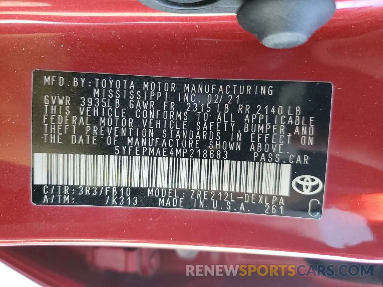 13 fotografías del automóvil dañado 5YFEPMAE4MP218683 TOYOTA COROLLA 2021