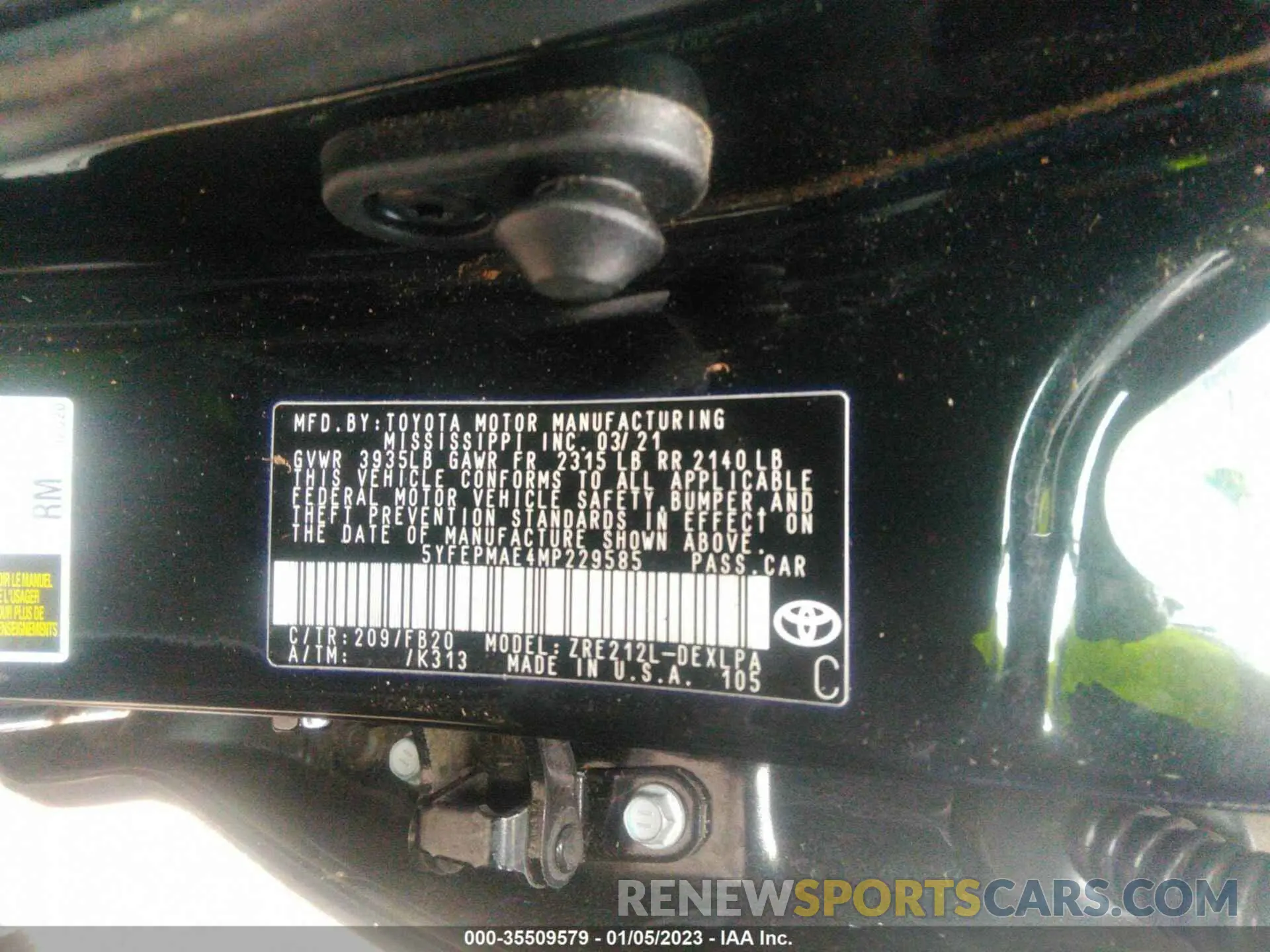 9 fotografías del automóvil dañado 5YFEPMAE4MP229585 TOYOTA COROLLA 2021