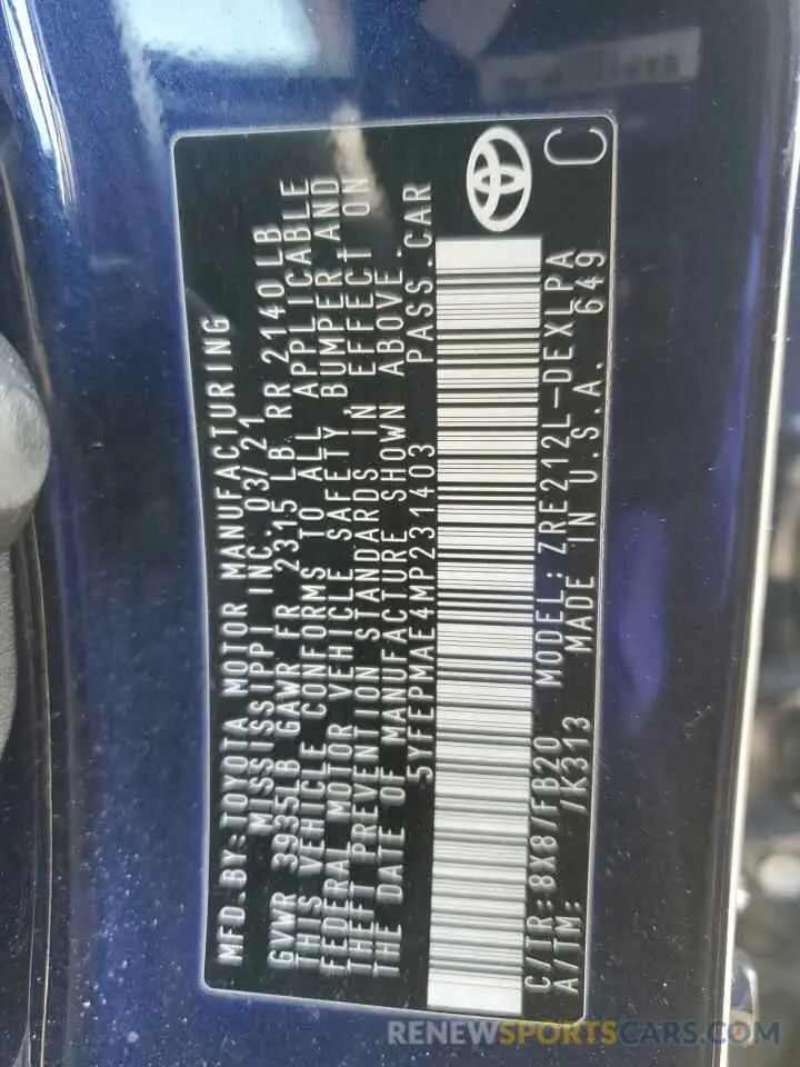 12 fotografías del automóvil dañado 5YFEPMAE4MP231403 TOYOTA COROLLA 2021