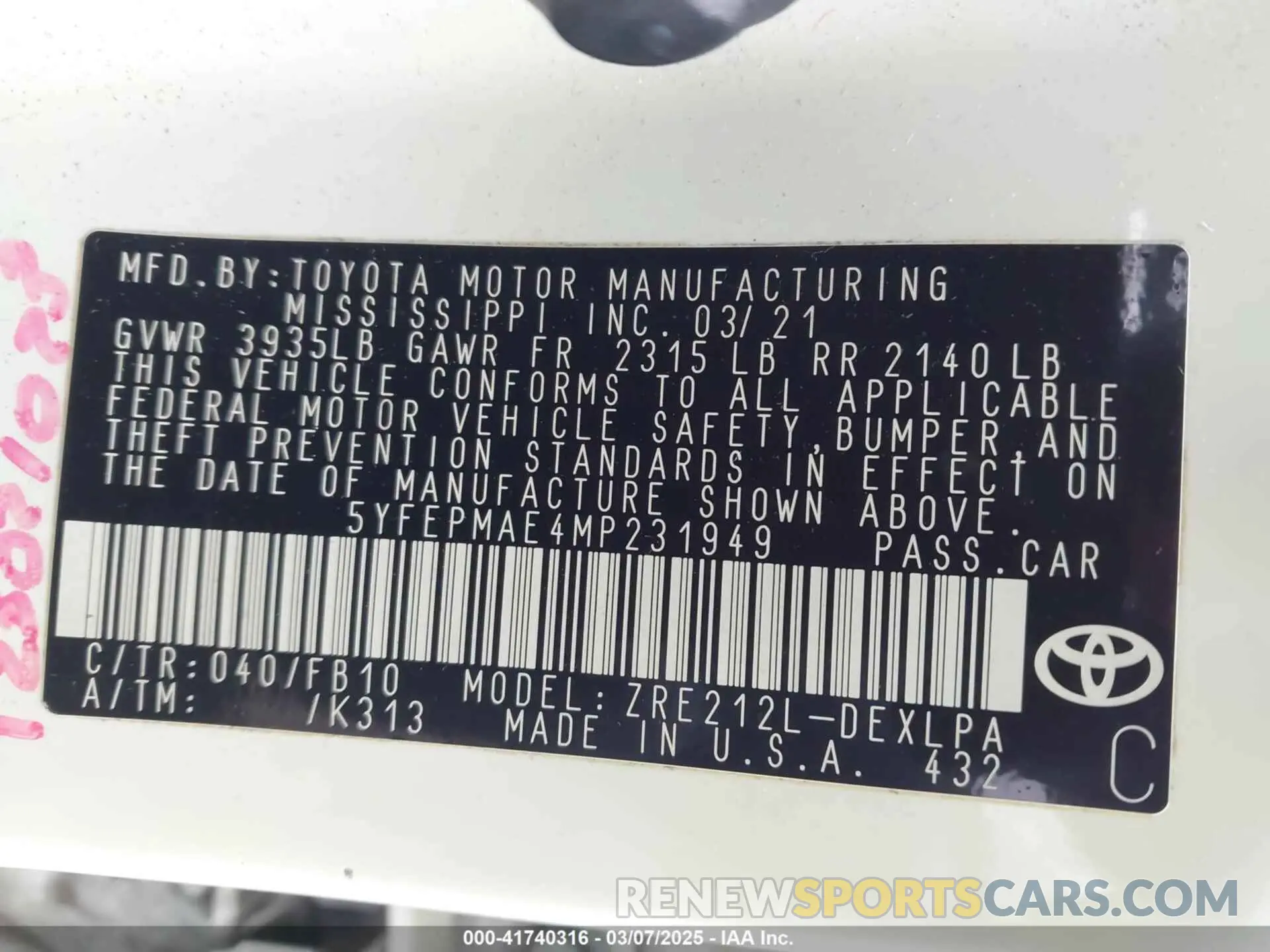 9 fotografías del automóvil dañado 5YFEPMAE4MP231949 TOYOTA COROLLA 2021