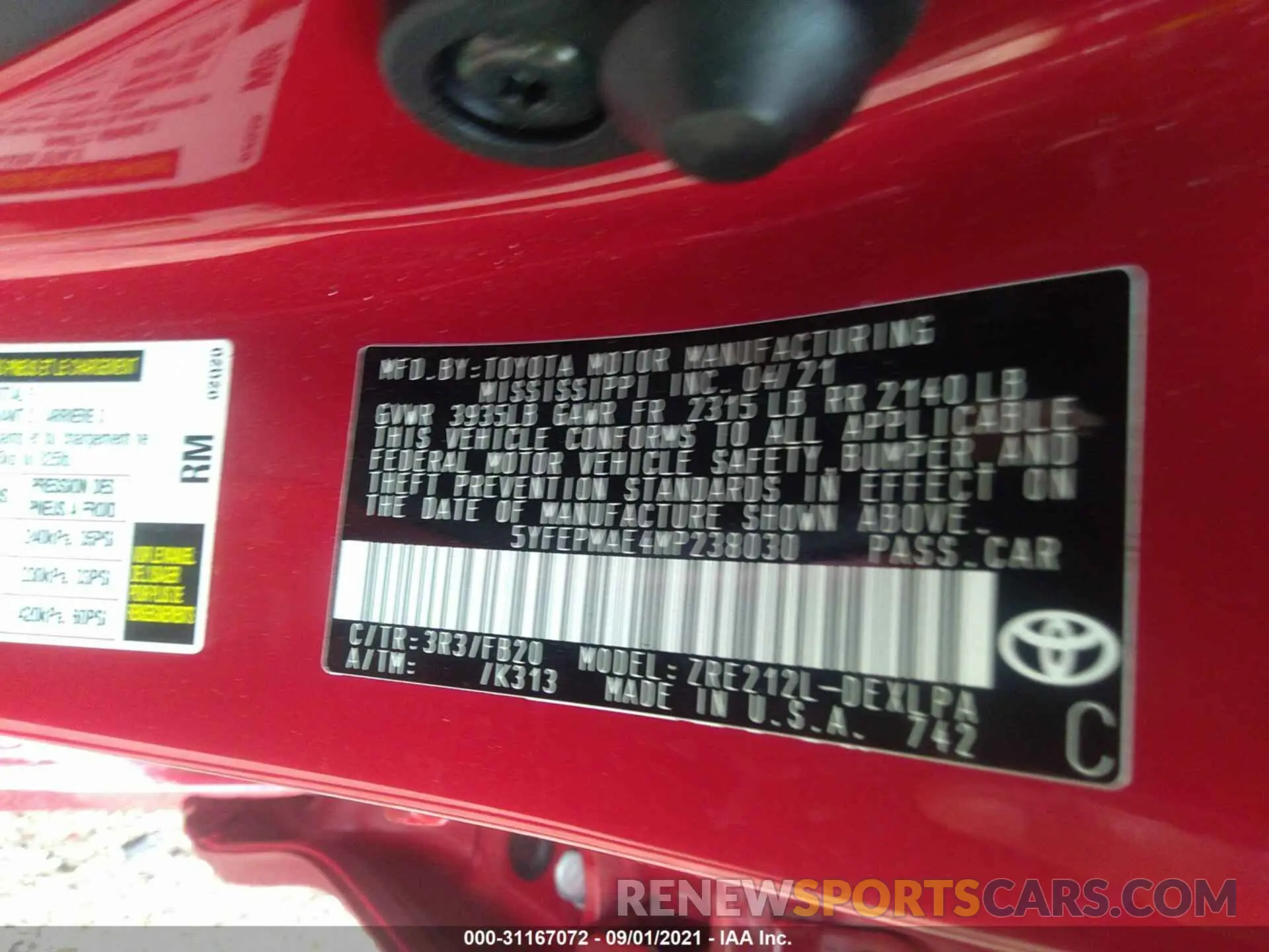 9 fotografías del automóvil dañado 5YFEPMAE4MP238030 TOYOTA COROLLA 2021
