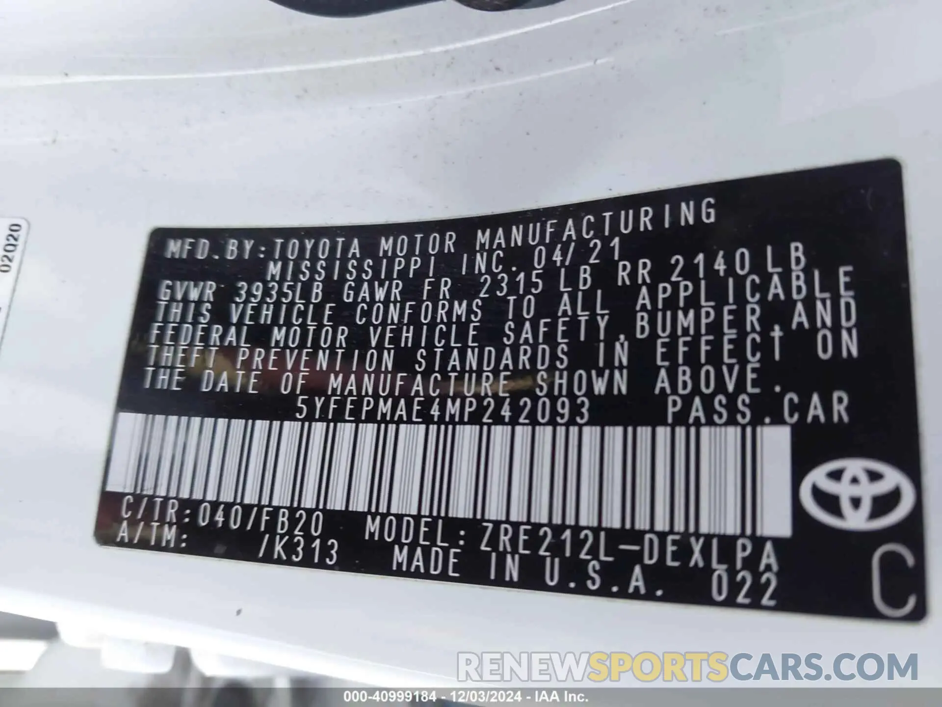 9 fotografías del automóvil dañado 5YFEPMAE4MP242093 TOYOTA COROLLA 2021