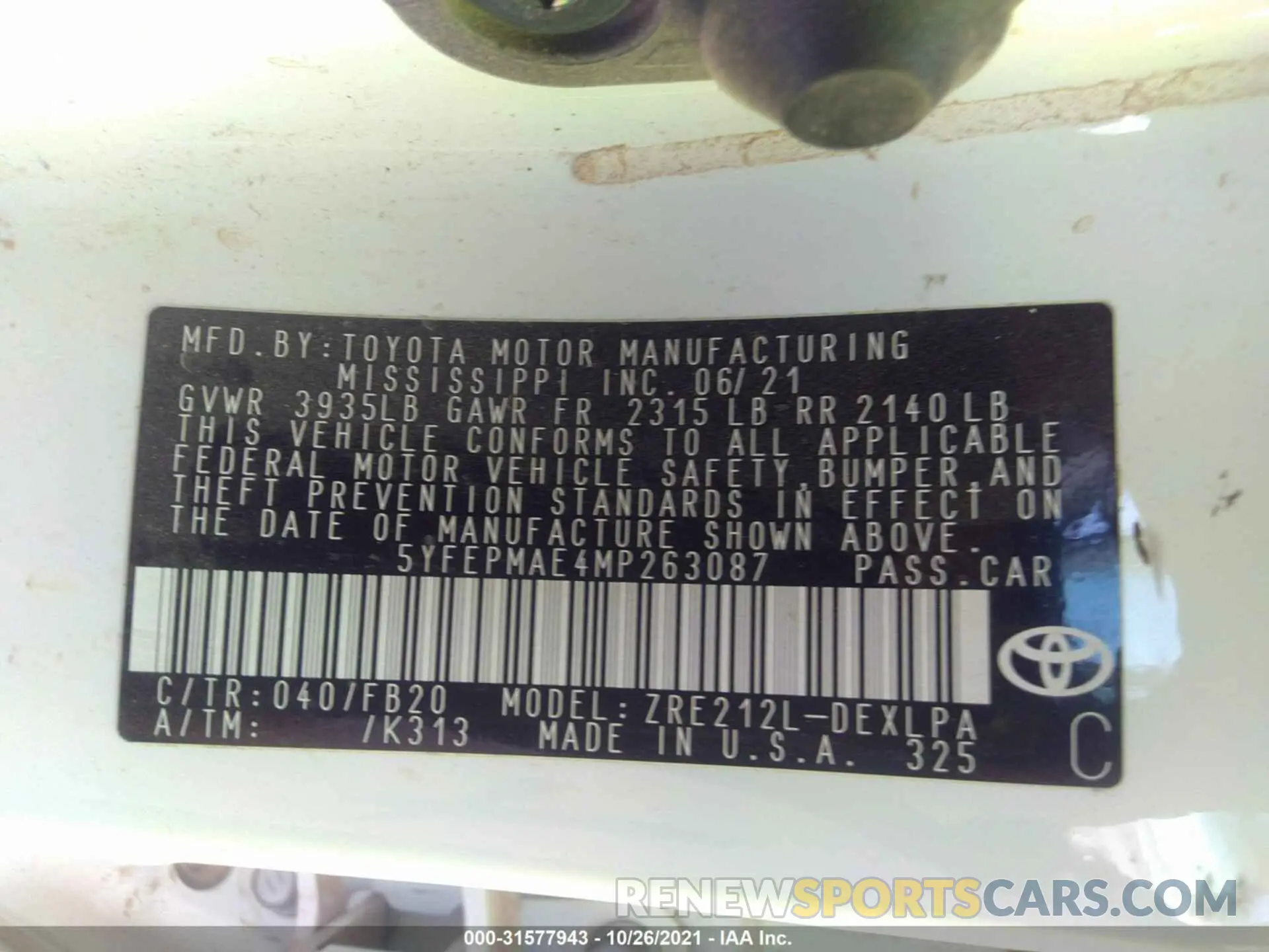 9 fotografías del automóvil dañado 5YFEPMAE4MP263087 TOYOTA COROLLA 2021