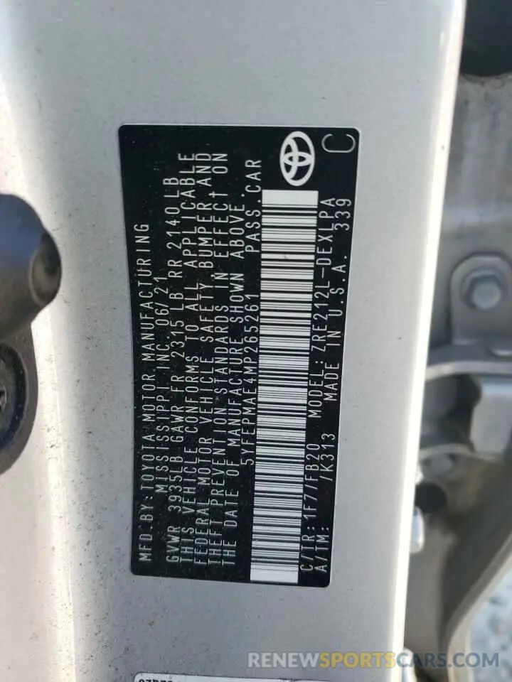 12 fotografías del automóvil dañado 5YFEPMAE4MP265261 TOYOTA COROLLA 2021
