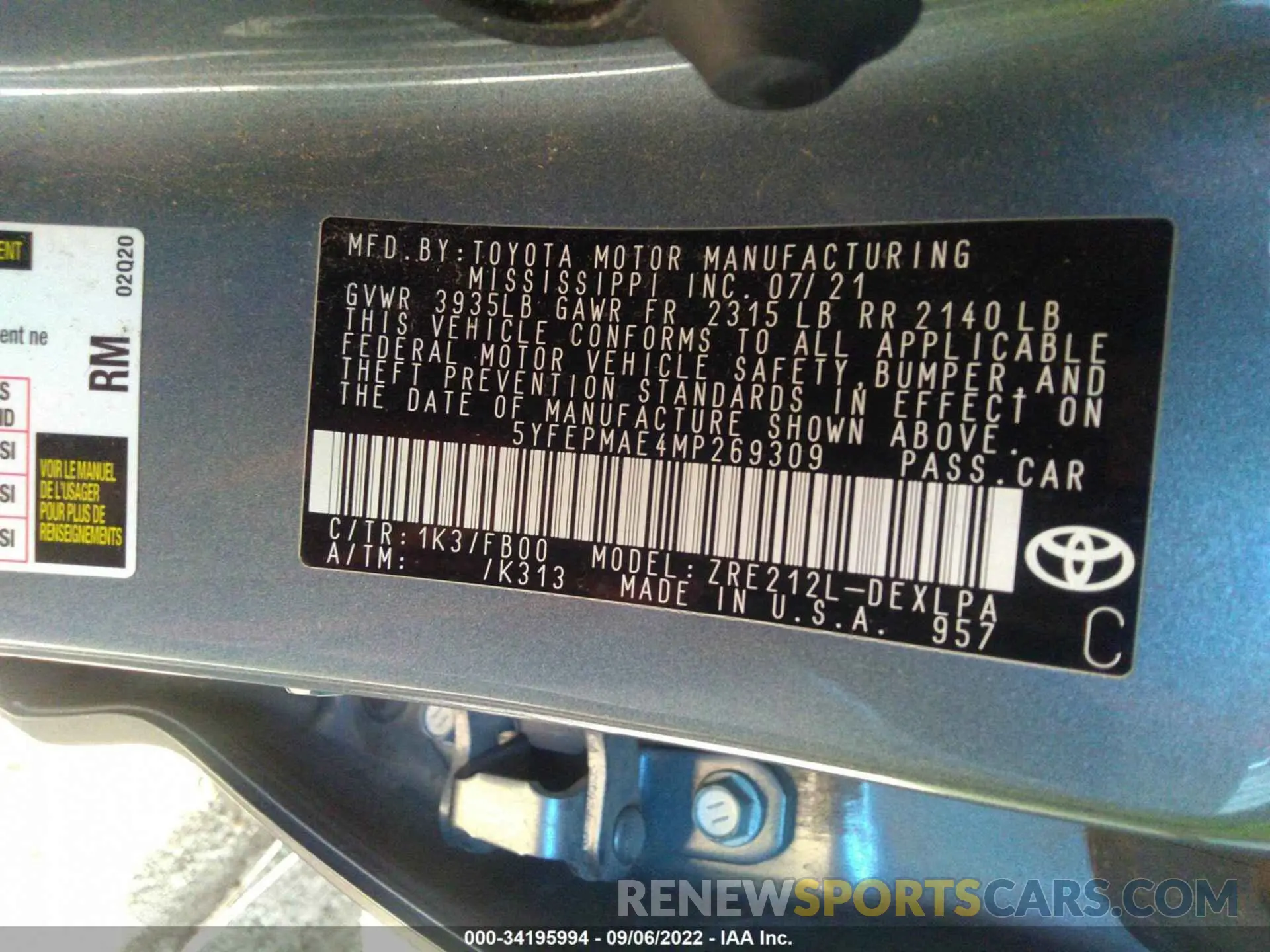 9 fotografías del automóvil dañado 5YFEPMAE4MP269309 TOYOTA COROLLA 2021
