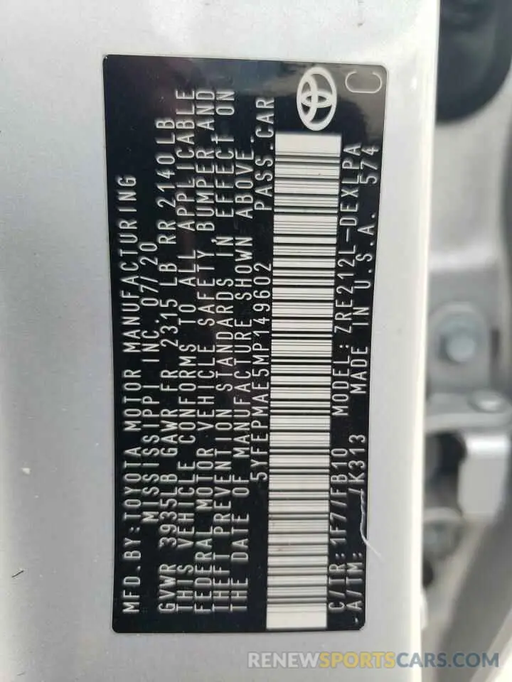 12 fotografías del automóvil dañado 5YFEPMAE5MP149602 TOYOTA COROLLA 2021