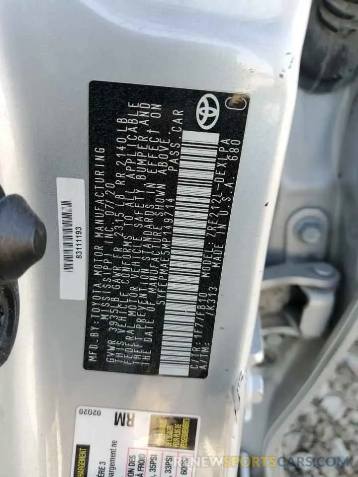 13 fotografías del automóvil dañado 5YFEPMAE5MP149714 TOYOTA COROLLA 2021