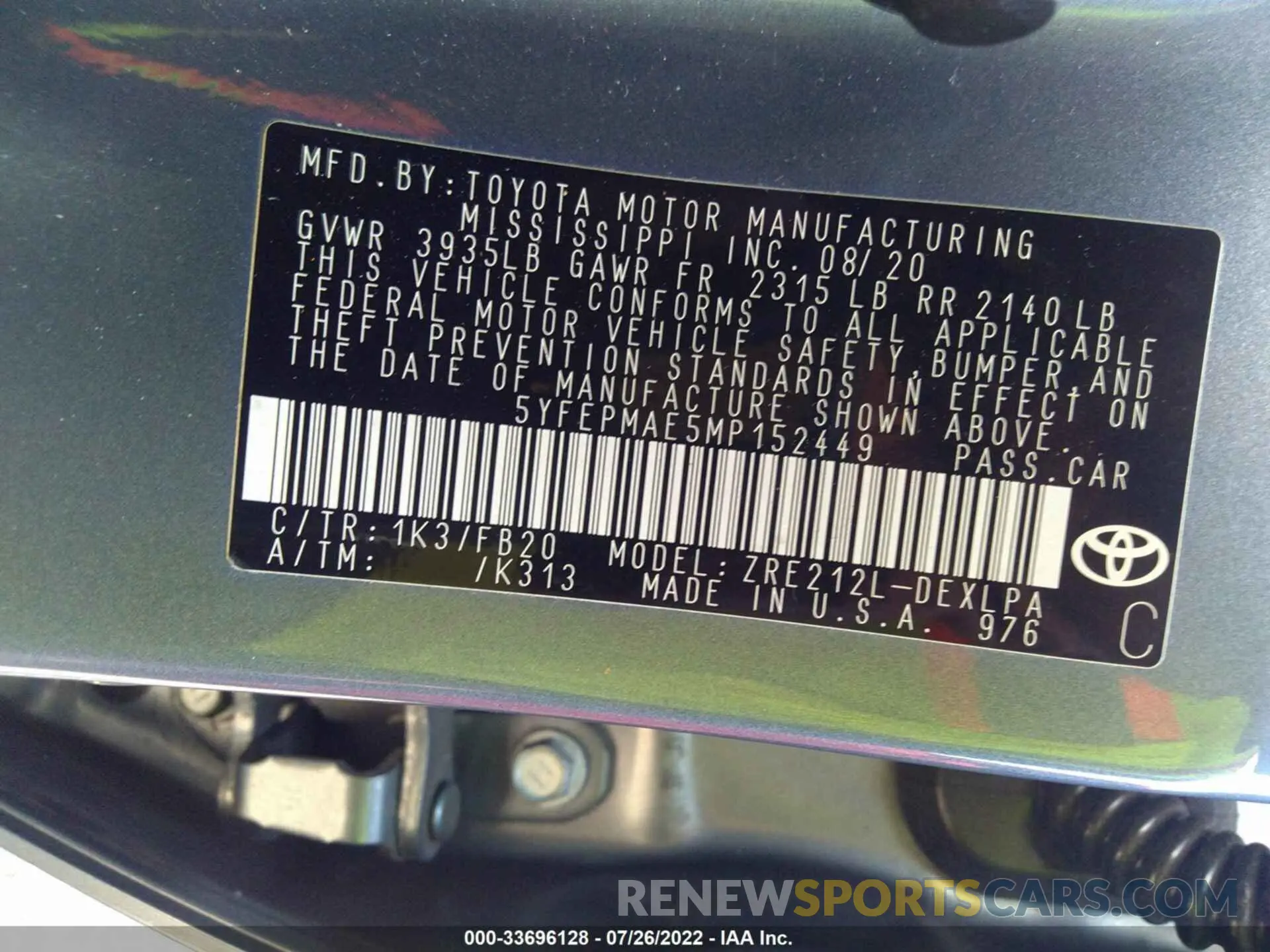 9 fotografías del automóvil dañado 5YFEPMAE5MP152449 TOYOTA COROLLA 2021
