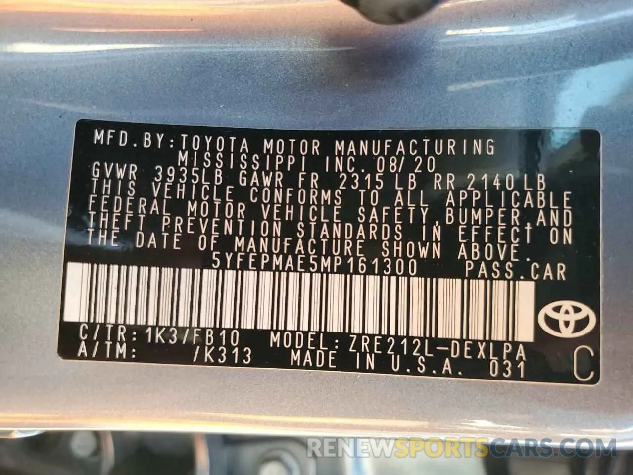 12 fotografías del automóvil dañado 5YFEPMAE5MP161300 TOYOTA COROLLA 2021