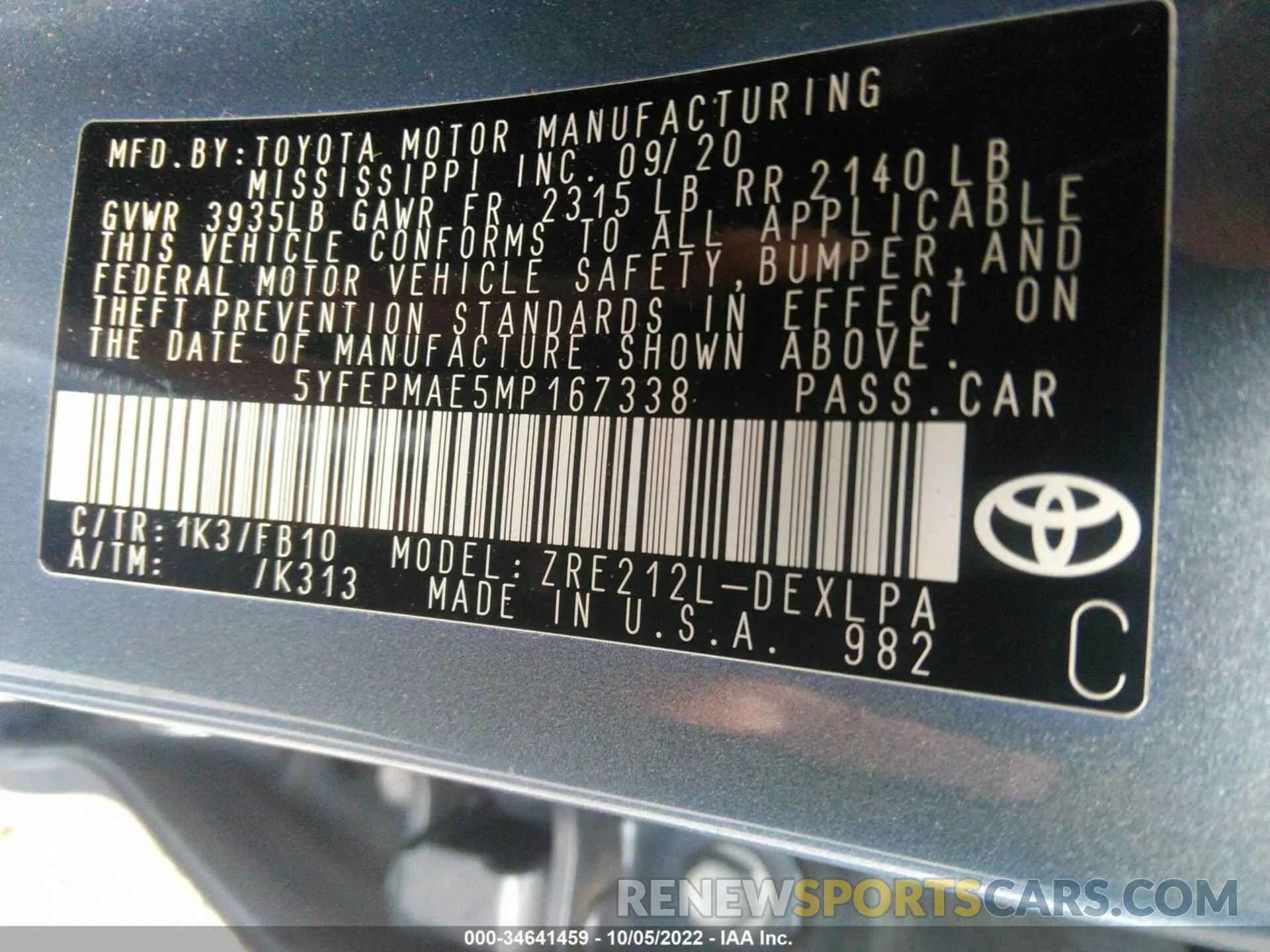 9 fotografías del automóvil dañado 5YFEPMAE5MP167338 TOYOTA COROLLA 2021
