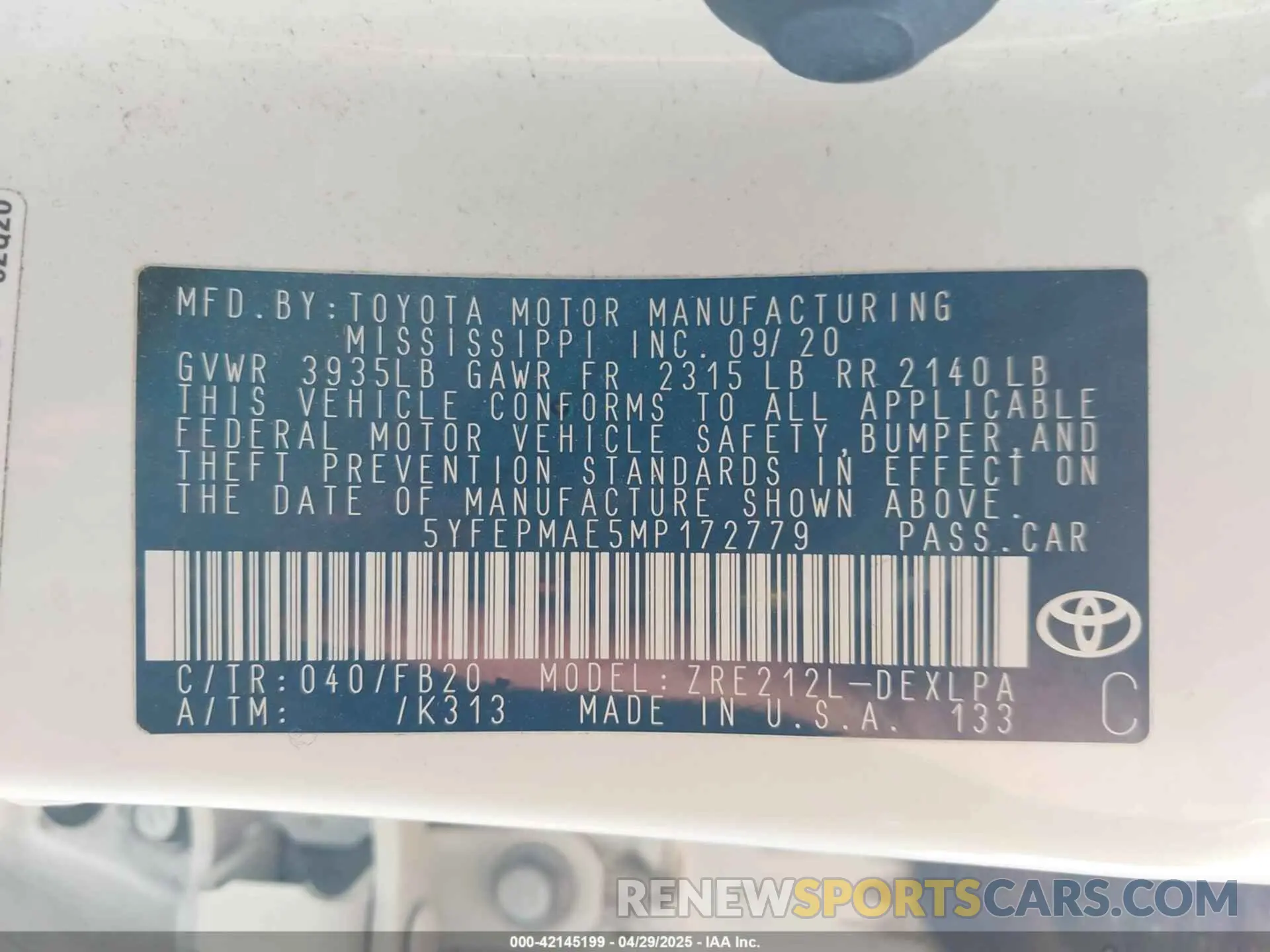 9 fotografías del automóvil dañado 5YFEPMAE5MP172779 TOYOTA COROLLA 2021