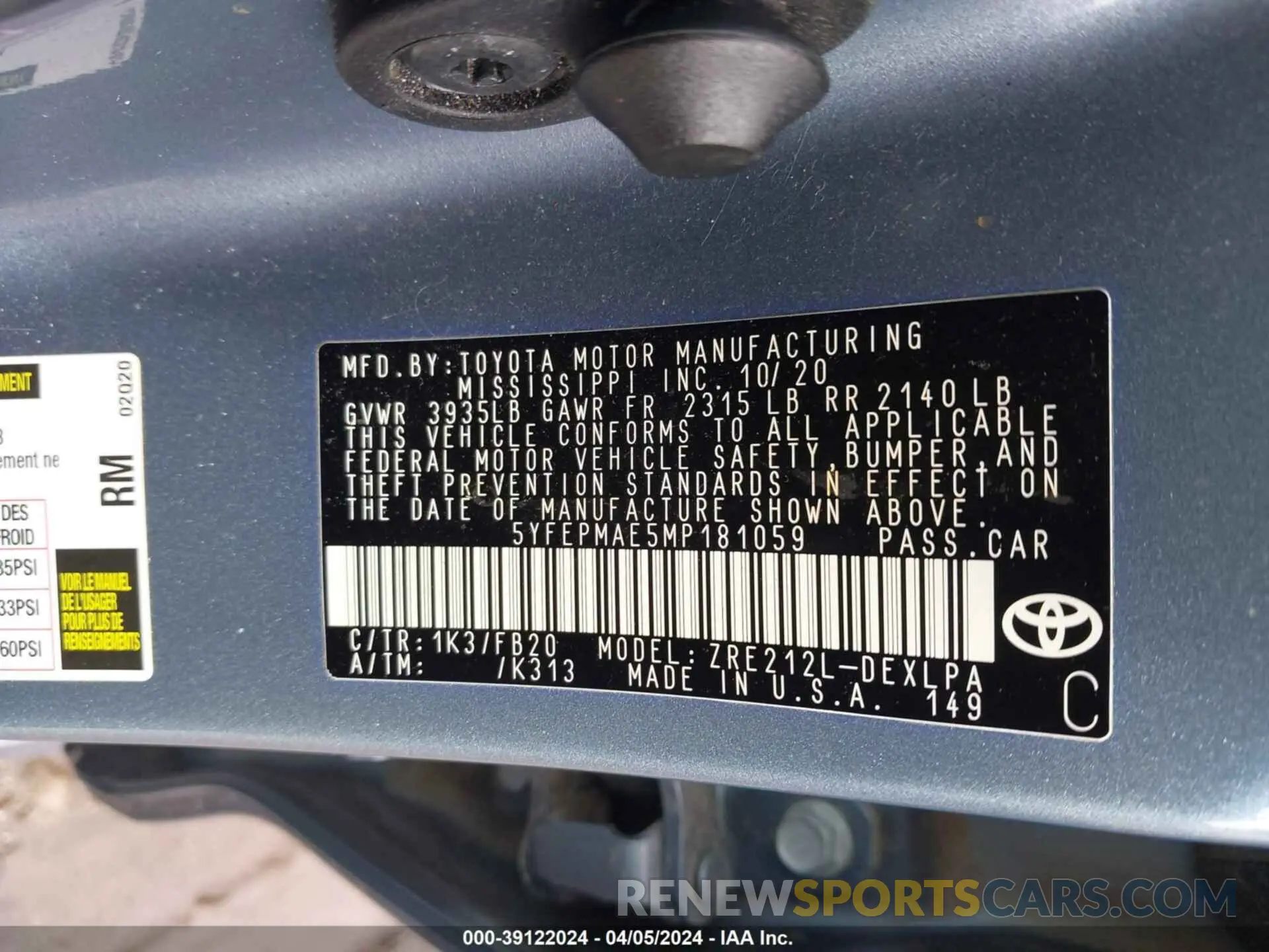 9 fotografías del automóvil dañado 5YFEPMAE5MP181059 TOYOTA COROLLA 2021